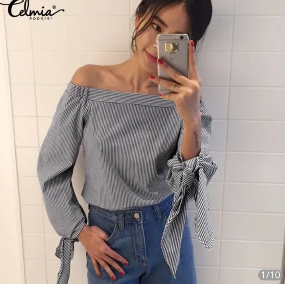 Celmia Off the Shoulder Navy & White Striped Long Sleeve Top w/Bow-Tie Cuff SZ S